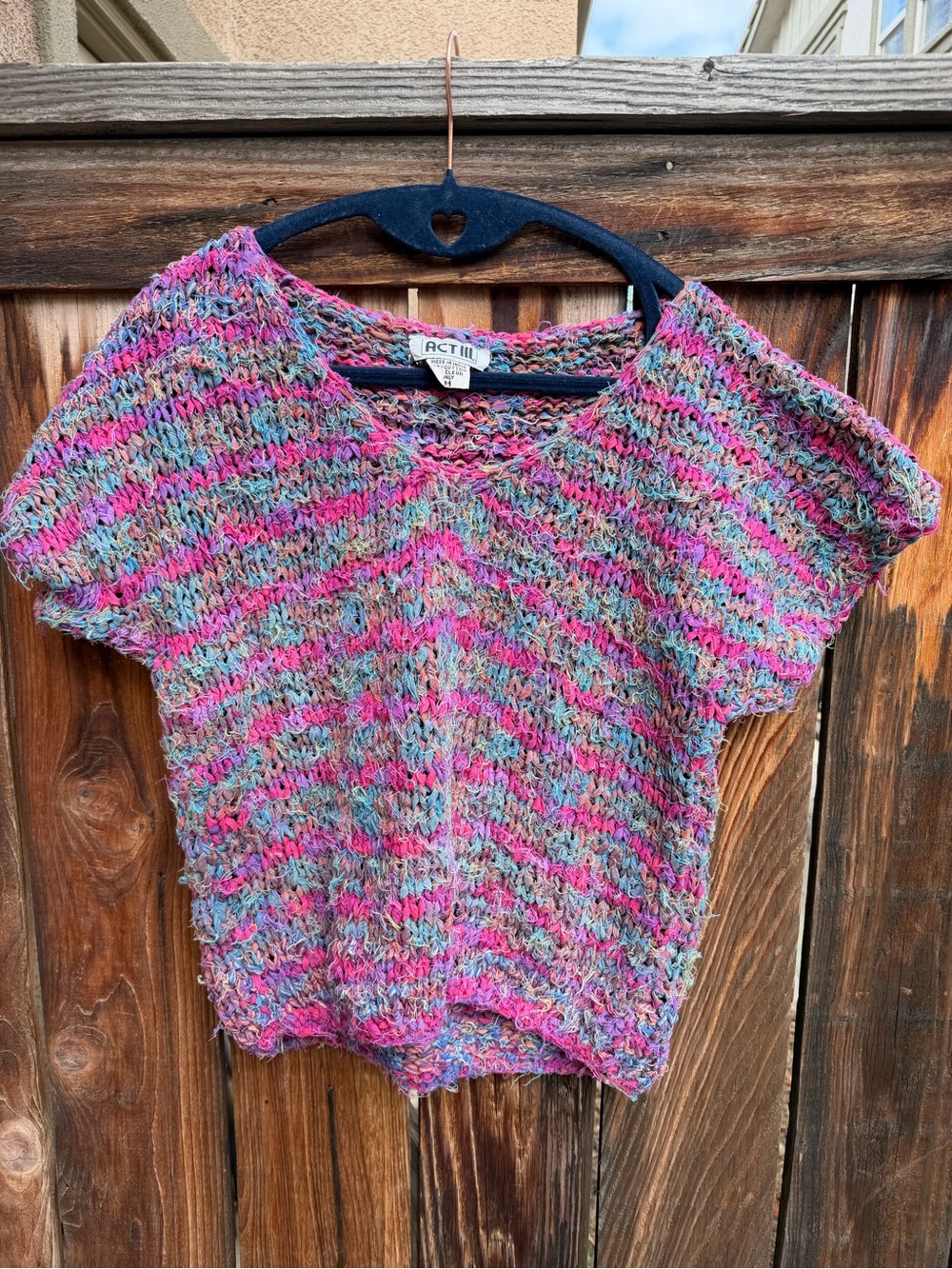 Vintage Act III Confetti Knit V-Neck Short Sleeve Top Size M 100% Cotton